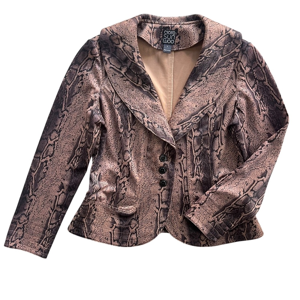 Clara Sun Woo Women's L Brown Snakeskin Print Peplum Buttons Front Blazer Jacket